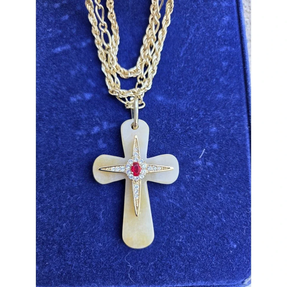 Jackie Kennedy Camrose Kross 3 Strand Gold Red Jewel Cross Pendant. Orig Box COA